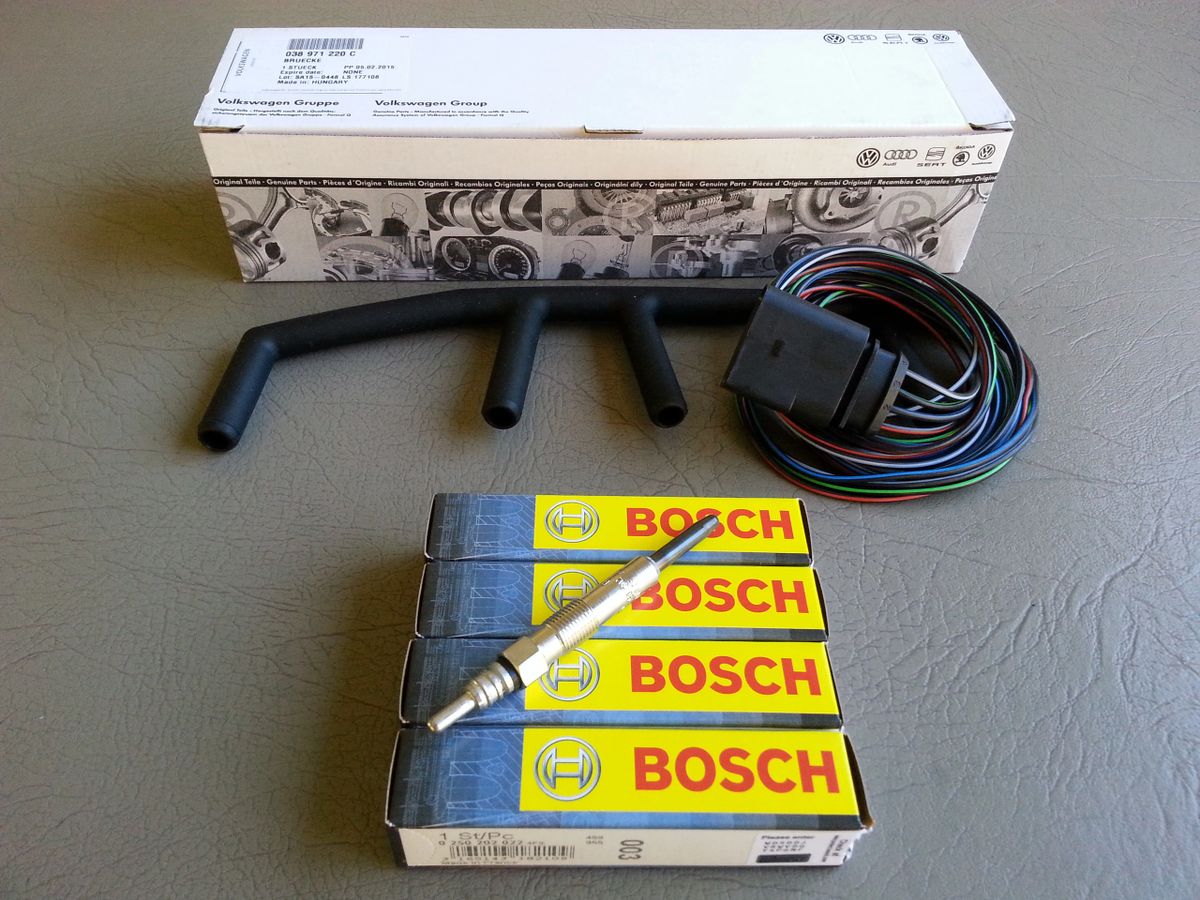 GLOW PLUG SET OEM BOSCH AND ORIGINAL VW 4 WIRE GLOW PLUG HARNESS 038